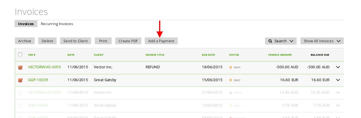 Add a payment to an invoice