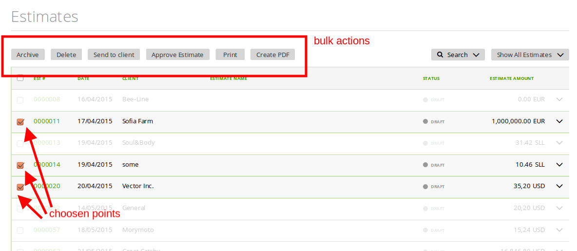 Bulk actions for estimates