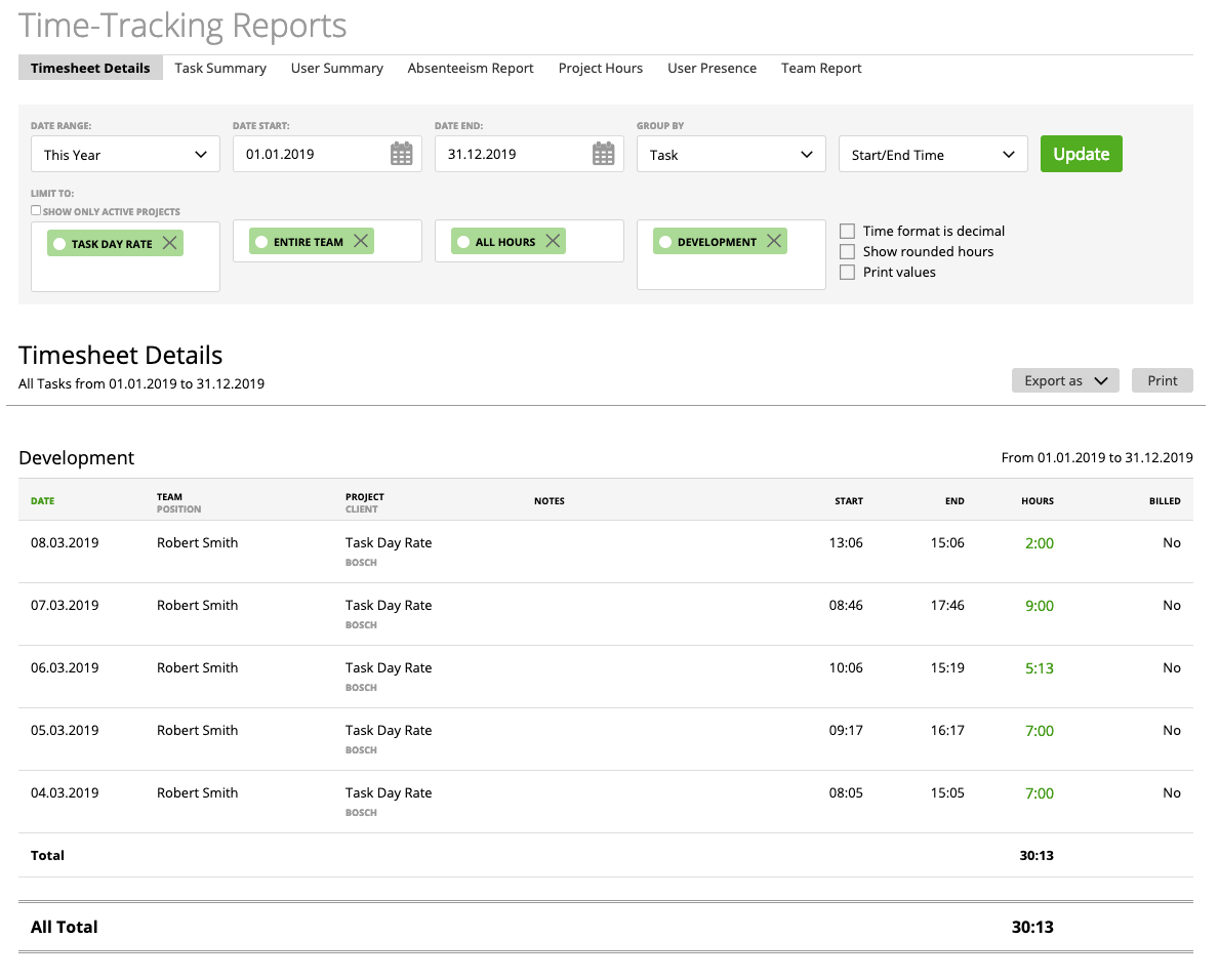 detailed time tracking report